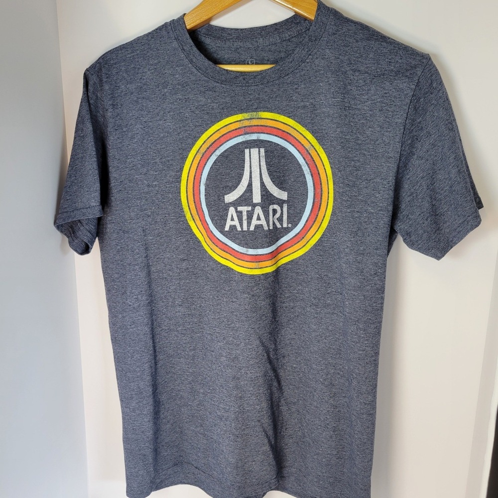 Atari Mens Graphic T-Shirt Heather Grey Retro Rainbow Logo Size L Short Sleeve